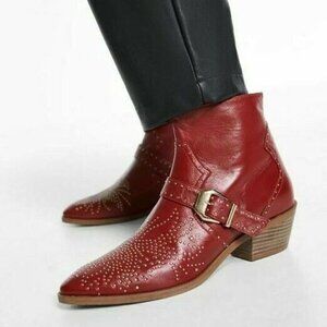 Zara Micro-Studded Heeled Leather Western Cowboy Ankle Boots Red Women's 5/35